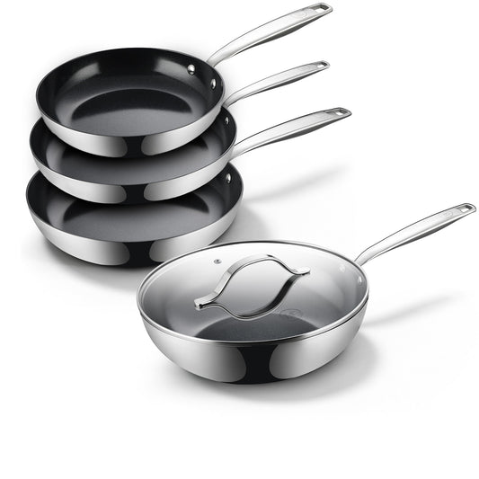 BE Living Essential Series Set di 3 Padelle in Acciaio Inox Nero + Wok da 4 L con Coperchio (28 cm)