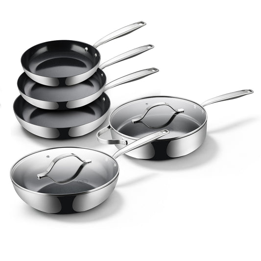 BE Living Essential Series Set di Pentole e Padelle in Acciaio Inox Nero – Wok da 4 L e Padella Sauté da 4 L con Coperchi (28 cm ciascuno) + 3 Padelle