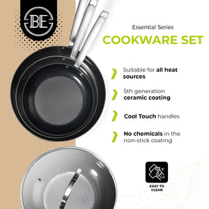 BE Living Essential Series Schwarzes Edelstahl-Bratpfannenset (3-teilig) + Wok (4 L) mit Deckel (28 cm)