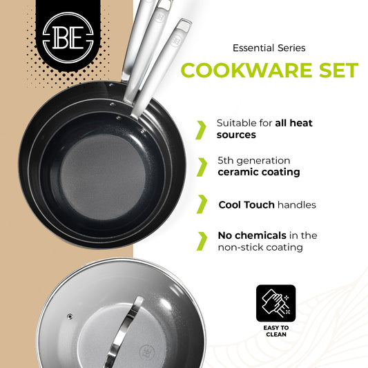 BE Living Essential Series Schwarzes Edelstahl-Bratpfannenset (3-teilig) + Wok (4 L) mit Deckel (28 cm)