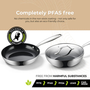 BE Living Essential Series Schwarzes Edelstahl-Bratpfannenset (3-teilig) + Wok (4 L) mit Deckel (28 cm)