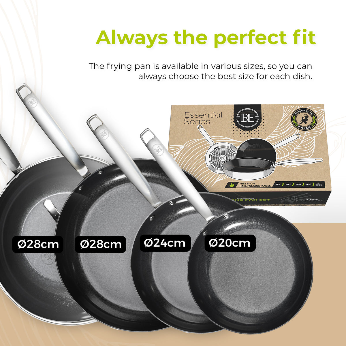 BE Living Essential Series Schwarzes Edelstahl-Bratpfannenset (3-teilig) + Wok (4 L) mit Deckel (28 cm)