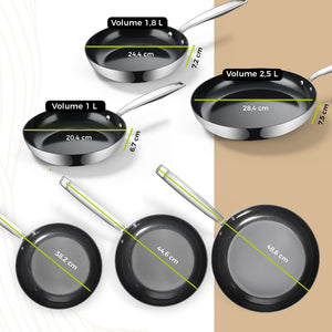 BE Living Essential Series Schwarzes Edelstahl-Bratpfannenset (3-teilig) + Wok (4 L) mit Deckel (28 cm)