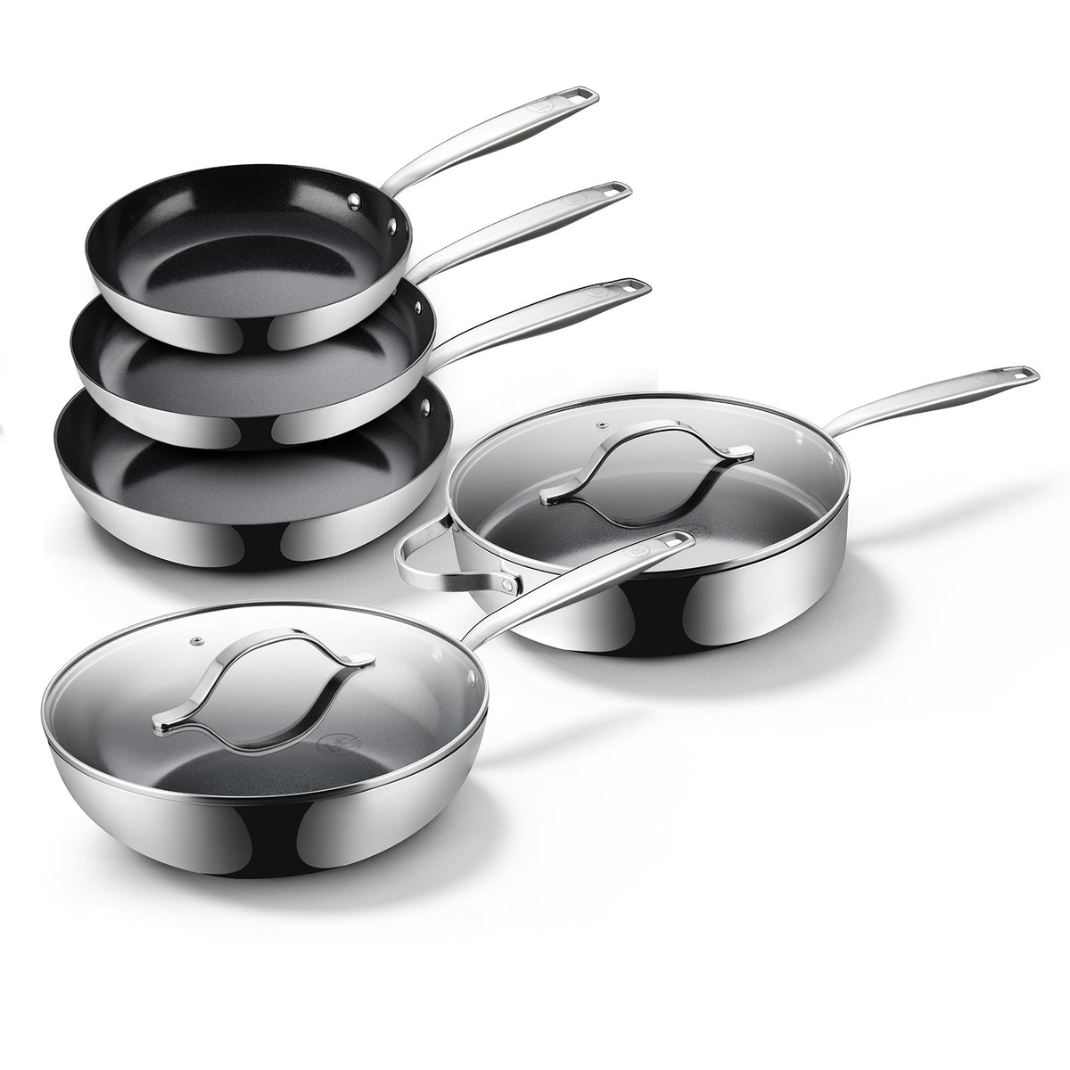 BE Living Essential Series Batterie de Cuisine en Acier Inoxydable Noir – Wok de 4 L et Sauteuse de 4 L avec Couvercles (28 cm chacun) + 3 Poêles