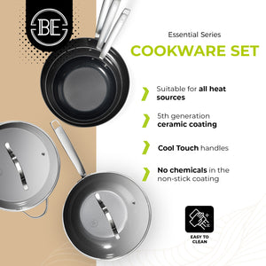 BE Living Essential Series Batterie de Cuisine en Acier Inoxydable Noir – Wok de 4 L et Sauteuse de 4 L avec Couvercles (28 cm chacun) + 3 Poêles