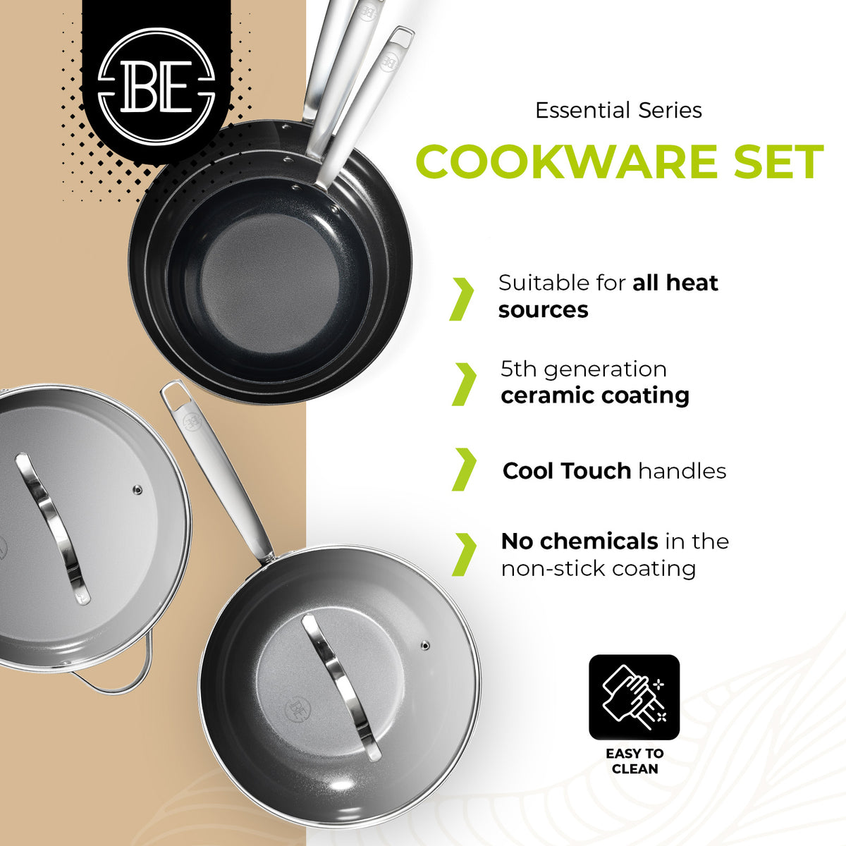 BE Living Essential Series Batterie de Cuisine en Acier Inoxydable Noir – Wok de 4 L et Sauteuse de 4 L avec Couvercles (28 cm chacun) + 3 Poêles