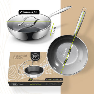 BE Living Essential Series Batterie de Cuisine en Acier Inoxydable Noir – Wok de 4 L et Sauteuse de 4 L avec Couvercles (28 cm chacun) + 3 Poêles