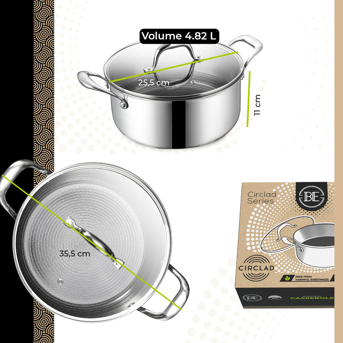 BE Living CIRCLAD Series 4,5-L-Kasserolle mit Hybrid-Antihaftbeschichtung und Deckel – Ø 24 cm