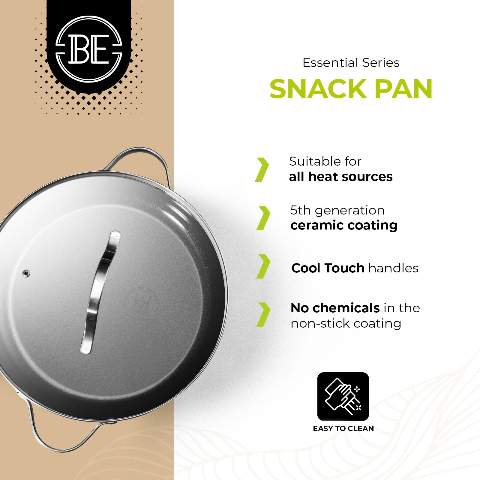 Sartén de acero inoxidable negra BE Living Essential Series con tapa, Ø 32 cm