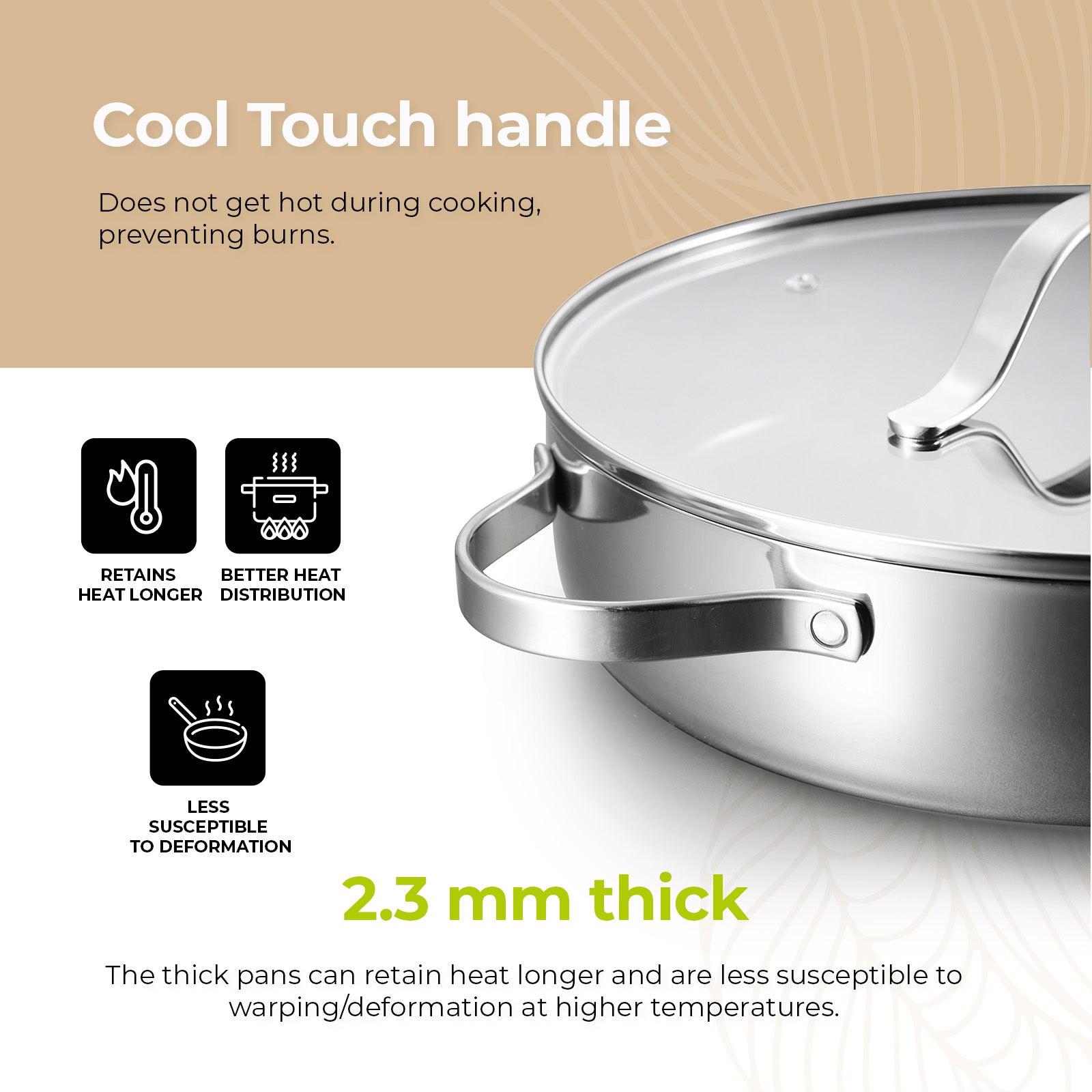 Sartén de acero inoxidable negra BE Living Essential Series con tapa, Ø 32 cm