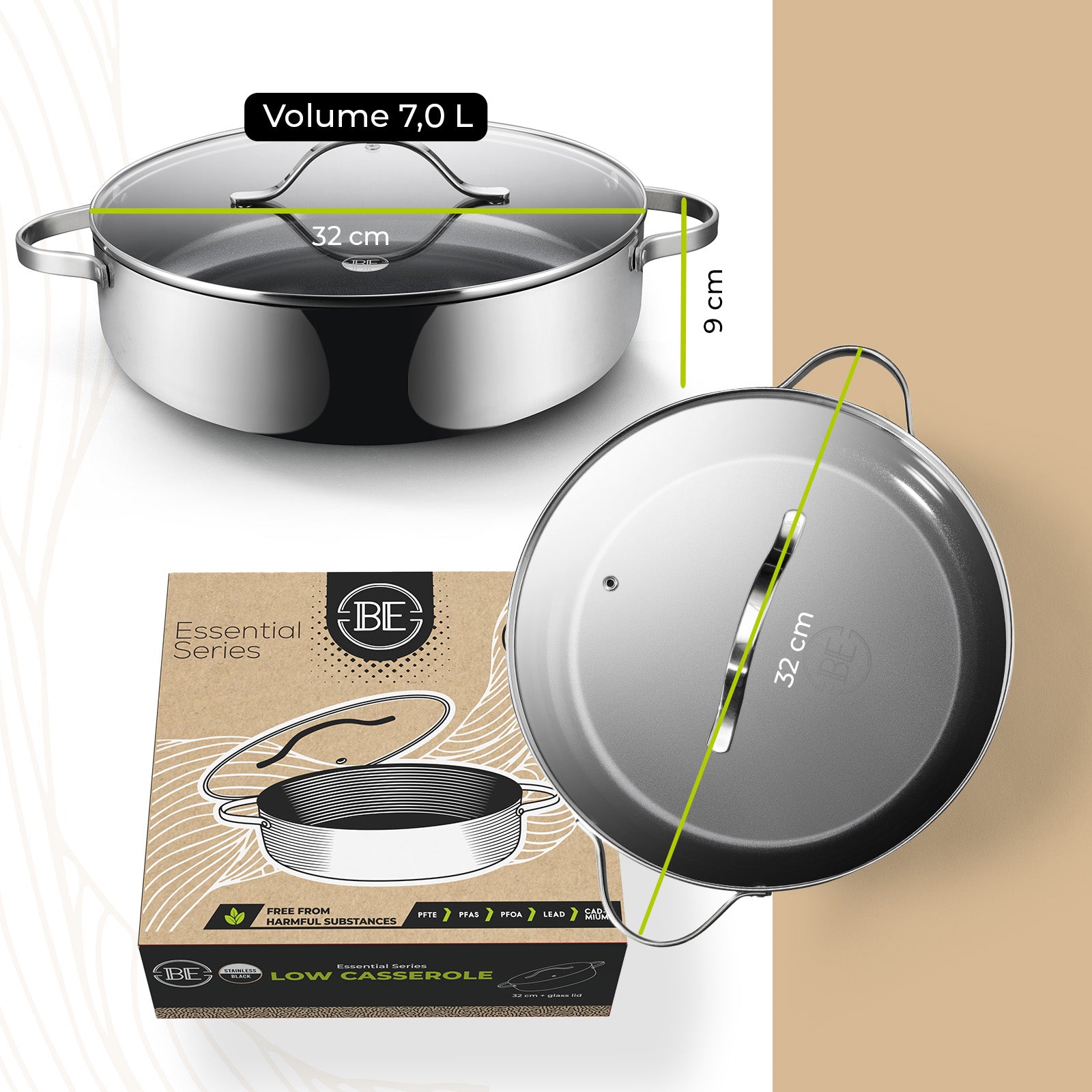 Sartén de acero inoxidable negra BE Living Essential Series con tapa, Ø 32 cm