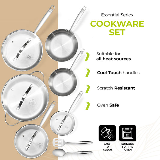 BE | LIVING Essential Series 12 pcs Cookware Set (Triply Stainless Steel)