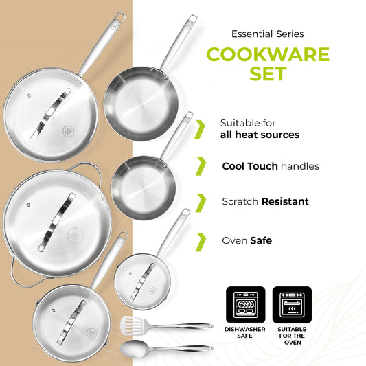 BE | LIVING Zestaw naczyń kuchennych Essential Series, 12 elementów (potrójna stal nierdzewna)