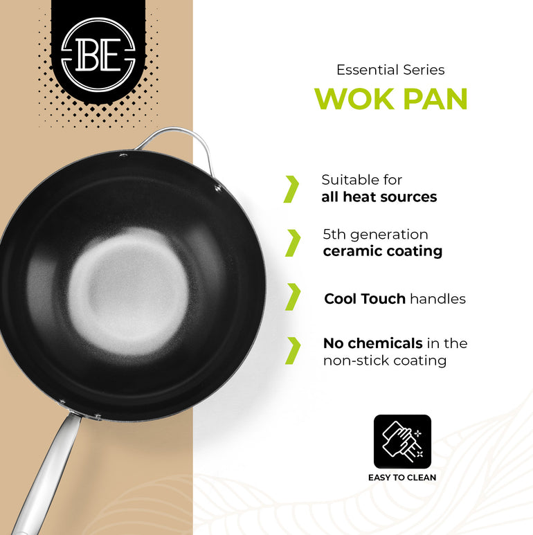 Wok de acero inoxidable negro BE | LIVING Essential Series de 32 cm de diámetro